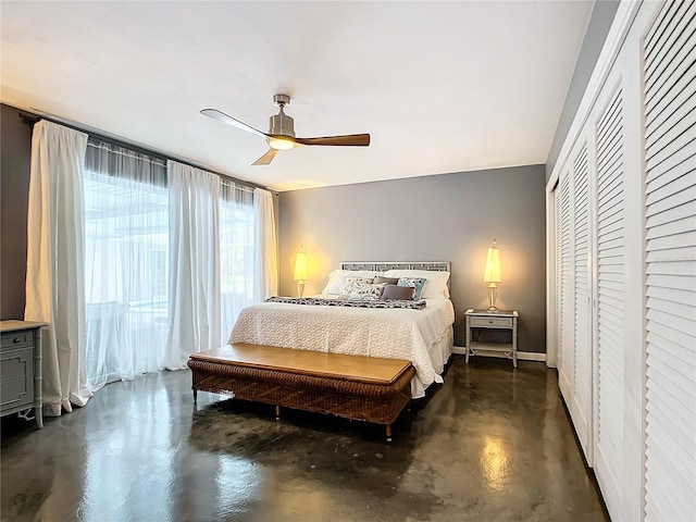 bedroom featuring ceiling fan and a closet