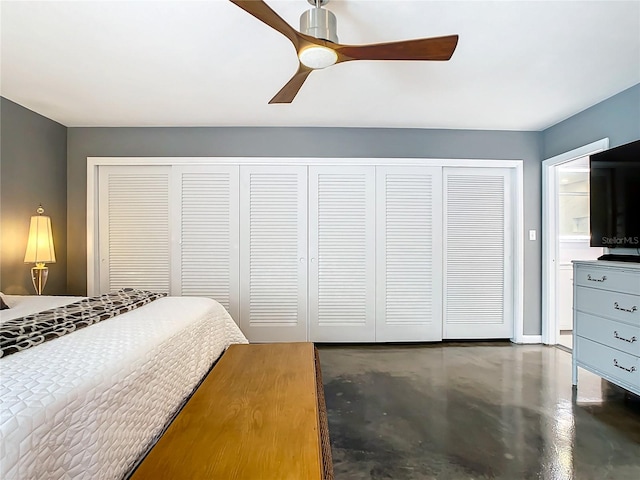 bedroom featuring concrete flooring and ceiling fan