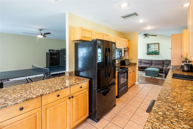 kitchen with black appliances, light tile patterned floors, ceiling fan, and sink