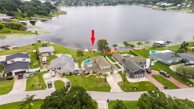 aerial view featuring a water view