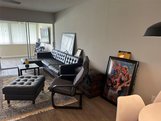 living room with a textured ceiling and wood-type flooring