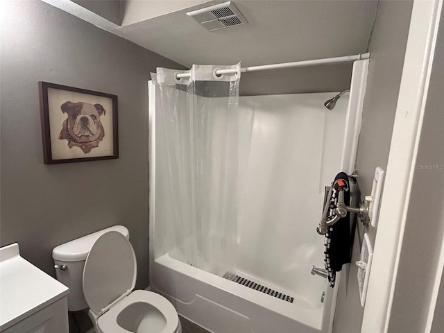 full bathroom featuring vanity, toilet, and shower / bathtub combination with curtain