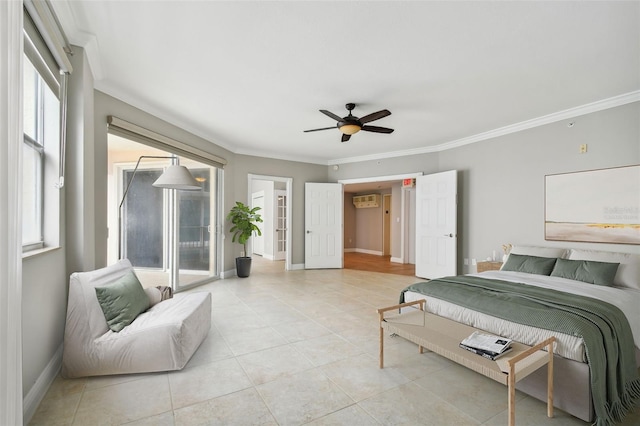 tiled bedroom with multiple windows, access to exterior, a wall mounted air conditioner, and ceiling fan