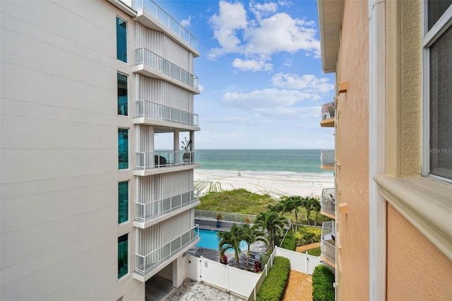 view of water feature with a beach view