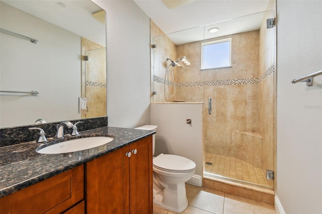 bathroom with vanity, tile patterned floors, toilet, and walk in shower