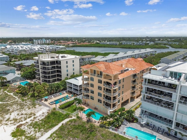 drone / aerial view featuring a water view