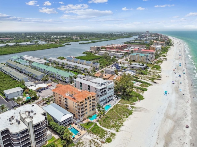 aerial view featuring a beach view and a water view