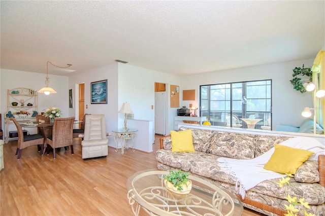 living room with a textured ceiling and light hardwood / wood-style floors