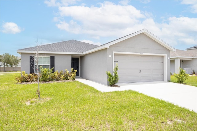 ranch-style home featuring a garage, central AC unit, and a front lawn