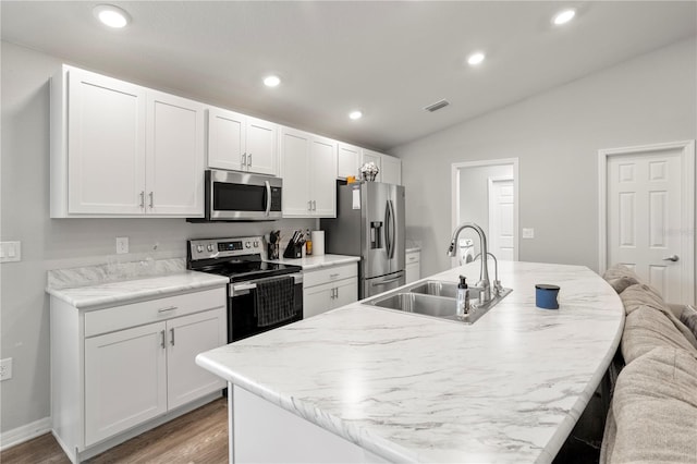 kitchen with stainless steel appliances, a kitchen island with sink, and sink