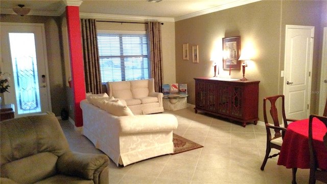 living room featuring crown molding and tile patterned flooring