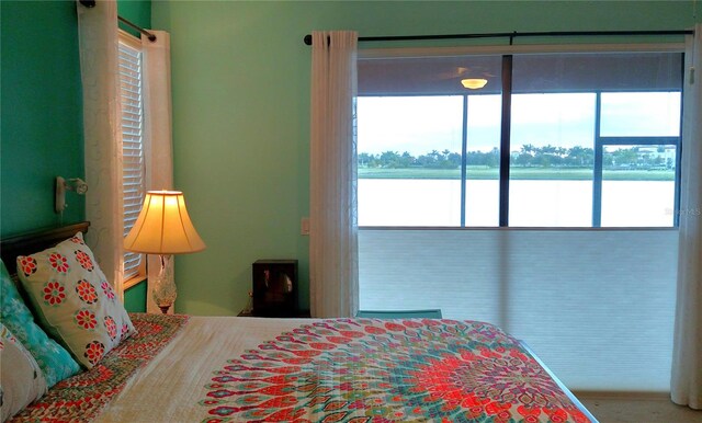 bedroom with a water view and access to outside