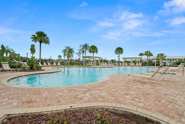 view of swimming pool featuring a patio area