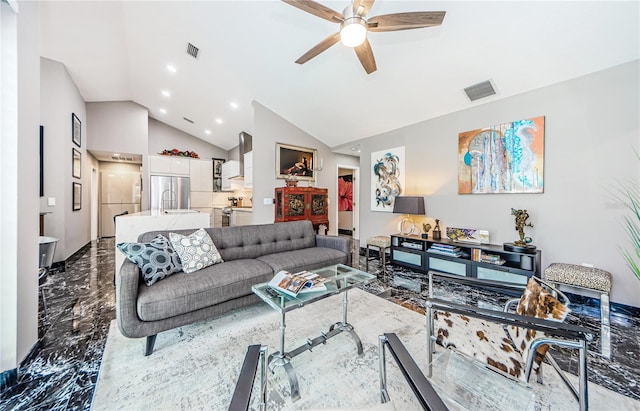 living room featuring ceiling fan, sink, and lofted ceiling