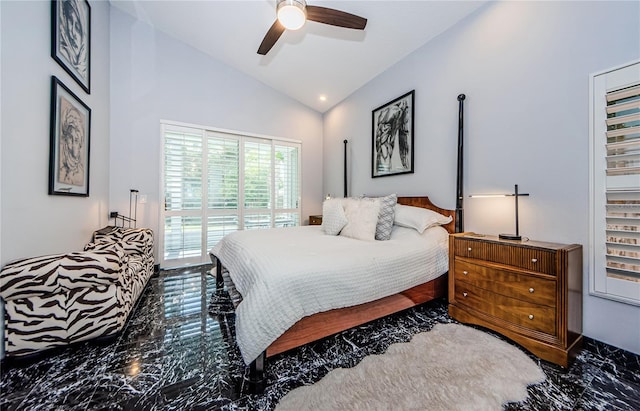 bedroom with ceiling fan and lofted ceiling