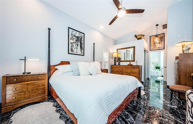 bedroom with ceiling fan, ensuite bathroom, and vaulted ceiling