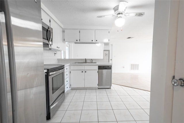 kitchen with white cabinetry, sink, ceiling fan, tasteful backsplash, and appliances with stainless steel finishes