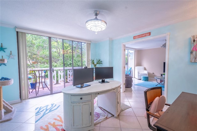 office with light tile patterned floors, baseboards, a wall of windows, a textured ceiling, and crown molding