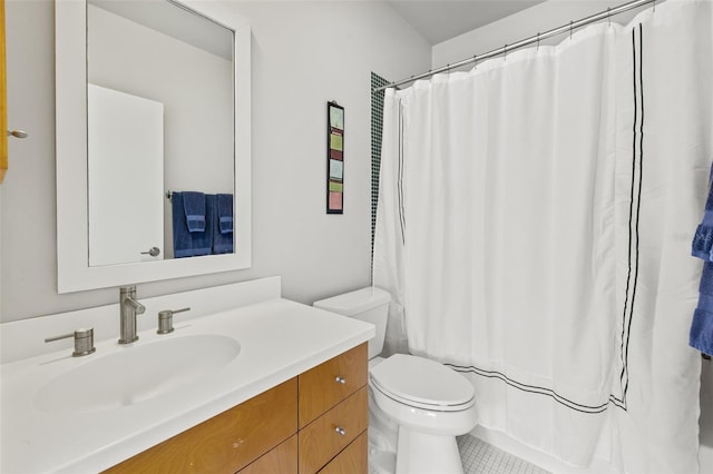 full bathroom featuring vanity, tile patterned flooring, shower / bath combination with curtain, and toilet