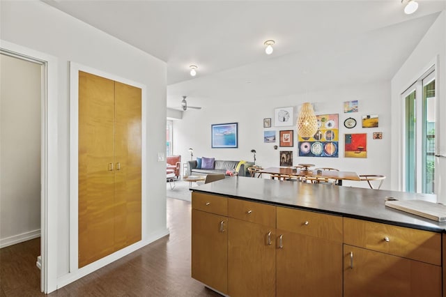 kitchen featuring dark wood-type flooring and ceiling fan