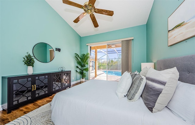 bedroom featuring ceiling fan, access to exterior, hardwood / wood-style flooring, and lofted ceiling