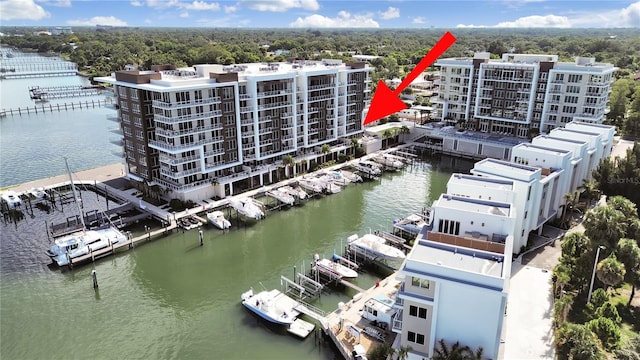 aerial view featuring a water view