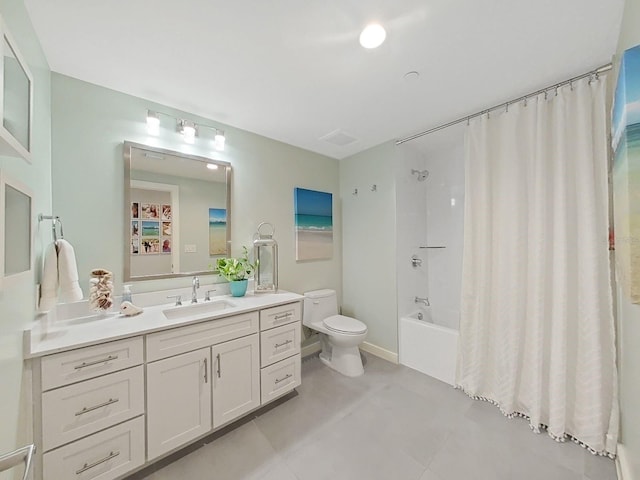 full bathroom featuring shower / bath combination with curtain, vanity, toilet, and tile patterned flooring