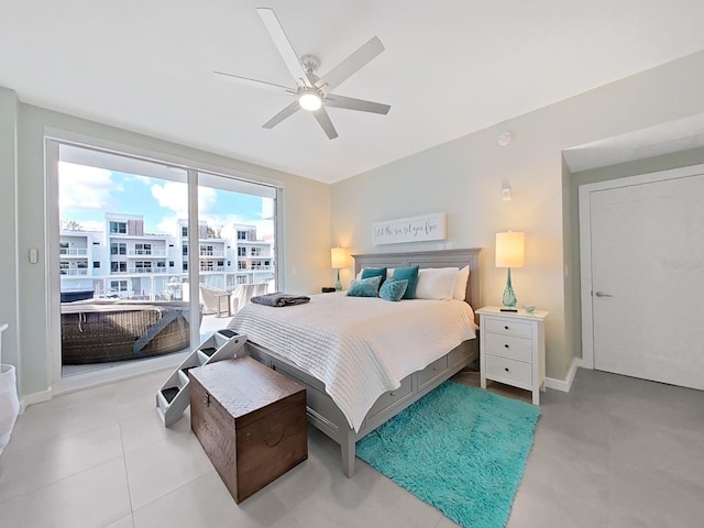 bedroom with access to exterior and ceiling fan