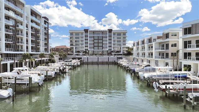 view of dock with a water view