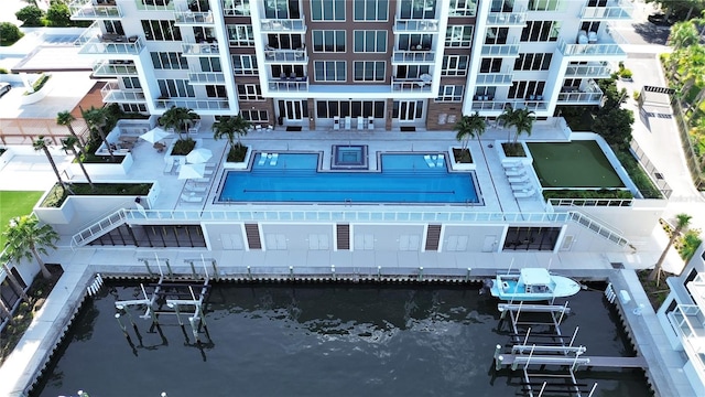 view of building exterior featuring a water view