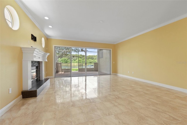 unfurnished living room featuring recessed lighting, a fireplace, baseboards, and ornamental molding