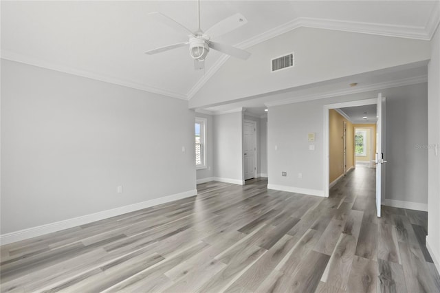 spare room with crown molding, ceiling fan, high vaulted ceiling, and hardwood / wood-style floors