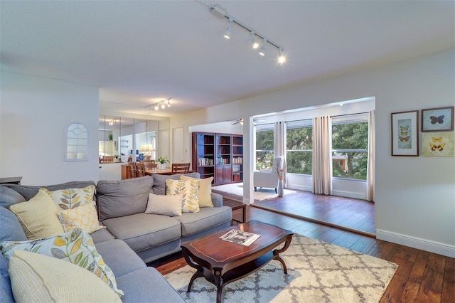 living room with dark hardwood / wood-style flooring and rail lighting