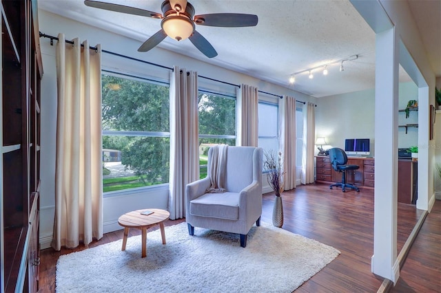 sitting room with a healthy amount of sunlight, dark hardwood / wood-style floors, track lighting, and a textured ceiling