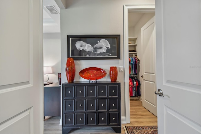 walk in closet with hardwood / wood-style flooring