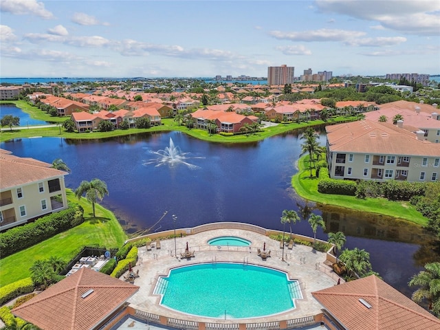 drone / aerial view featuring a water view