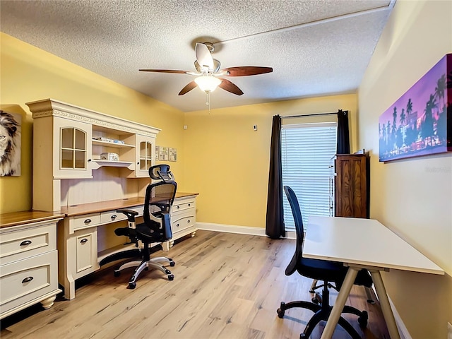 office featuring ceiling fan, light hardwood / wood-style flooring, and a textured ceiling