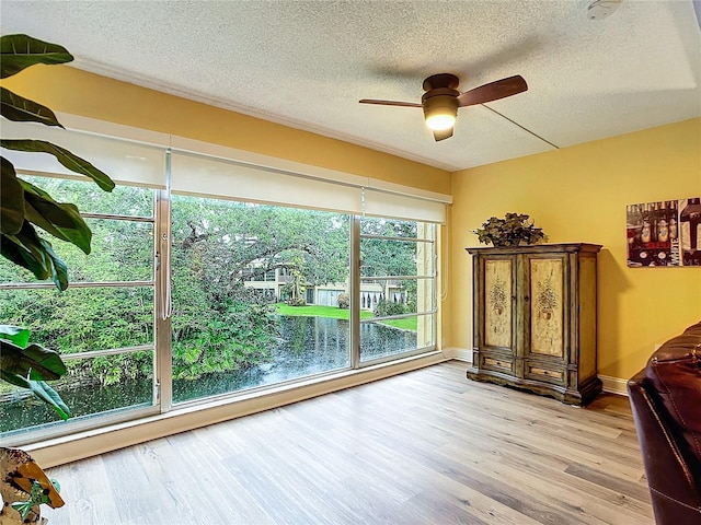 interior space featuring multiple windows, a textured ceiling, ceiling fan, and light wood-type flooring