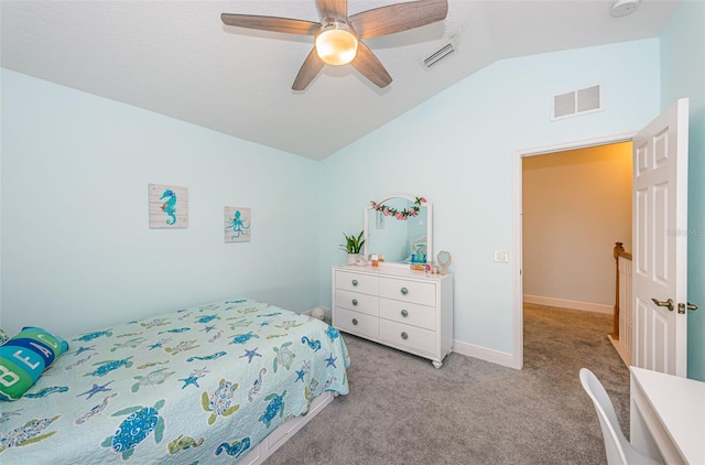 bedroom featuring ceiling fan, light colored carpet, and vaulted ceiling