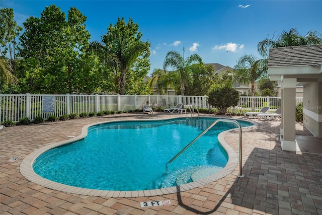 view of swimming pool featuring a patio area