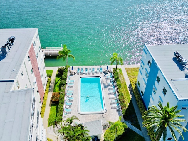 drone / aerial view featuring a water view