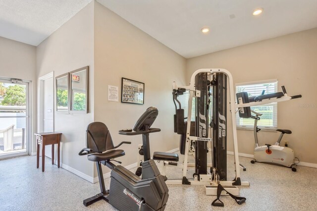 exercise room featuring a textured ceiling