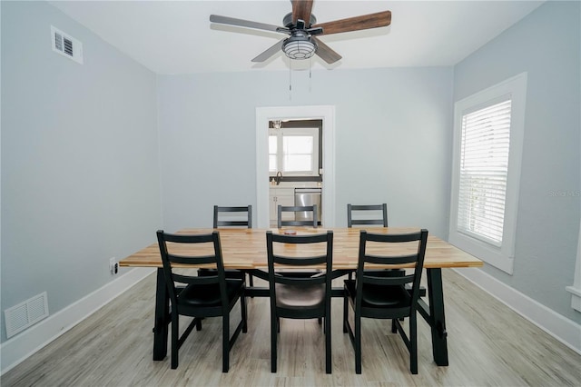 dining area with ceiling fan and light hardwood / wood-style floors