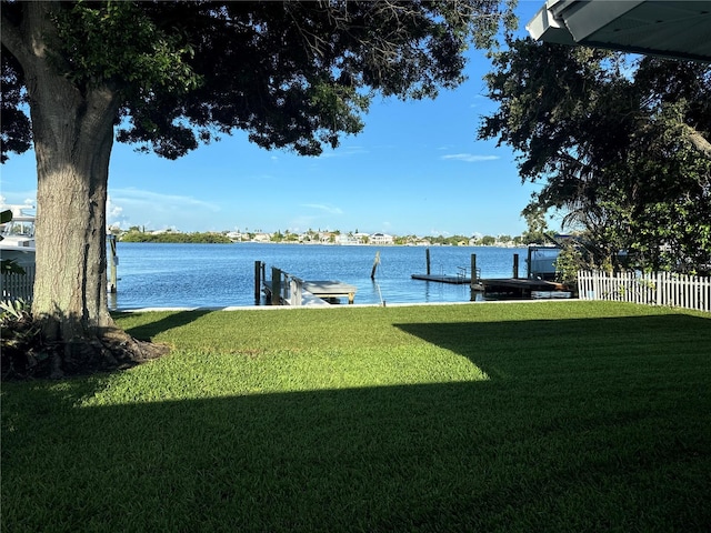 view of yard with a water view and a boat dock