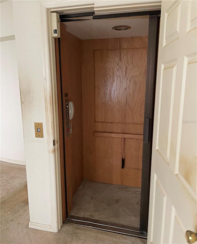 hallway featuring elevator and carpet