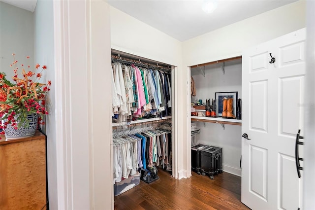 walk in closet with dark hardwood / wood-style flooring