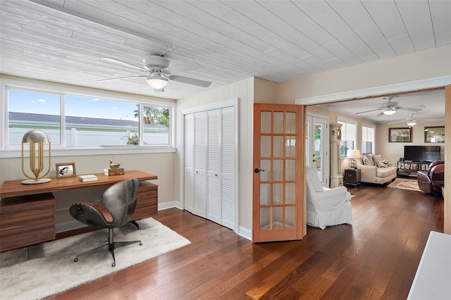 office space featuring ceiling fan, wooden ceiling, and dark hardwood / wood-style floors