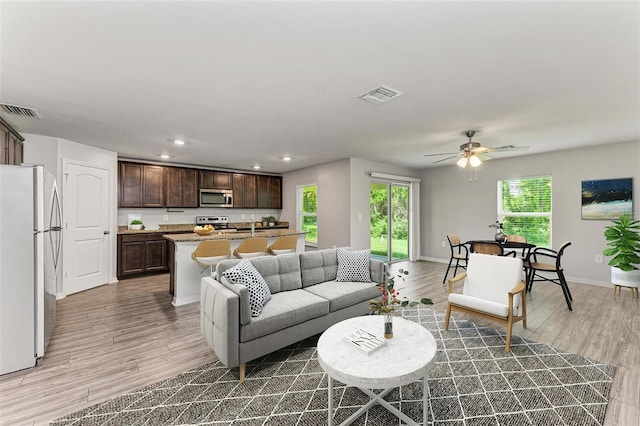 living room with ceiling fan and hardwood / wood-style floors