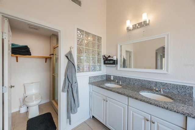 bathroom with vanity, an enclosed shower, tile patterned floors, and toilet