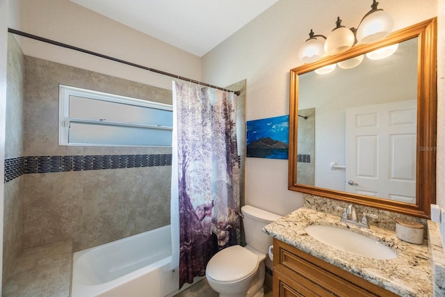 full bathroom with vanity, toilet, and shower / bathtub combination with curtain